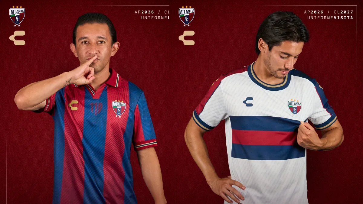 Atlante presenting its blue and garnet 2026-27 anniversary uniforms