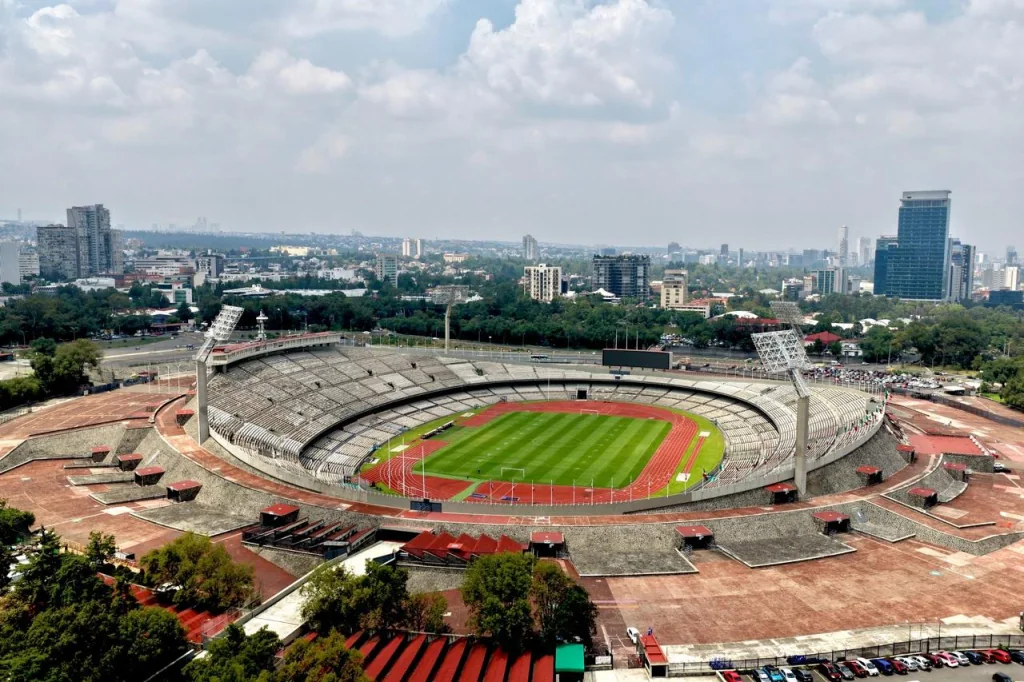 Wide view of Estadio Olímpico Universitario at Ciudad Universitaria in Mexico City